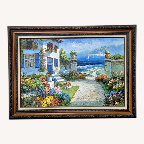 Used Framed Mediterranean Seaside House Acrylic Art for sale on AptDeco