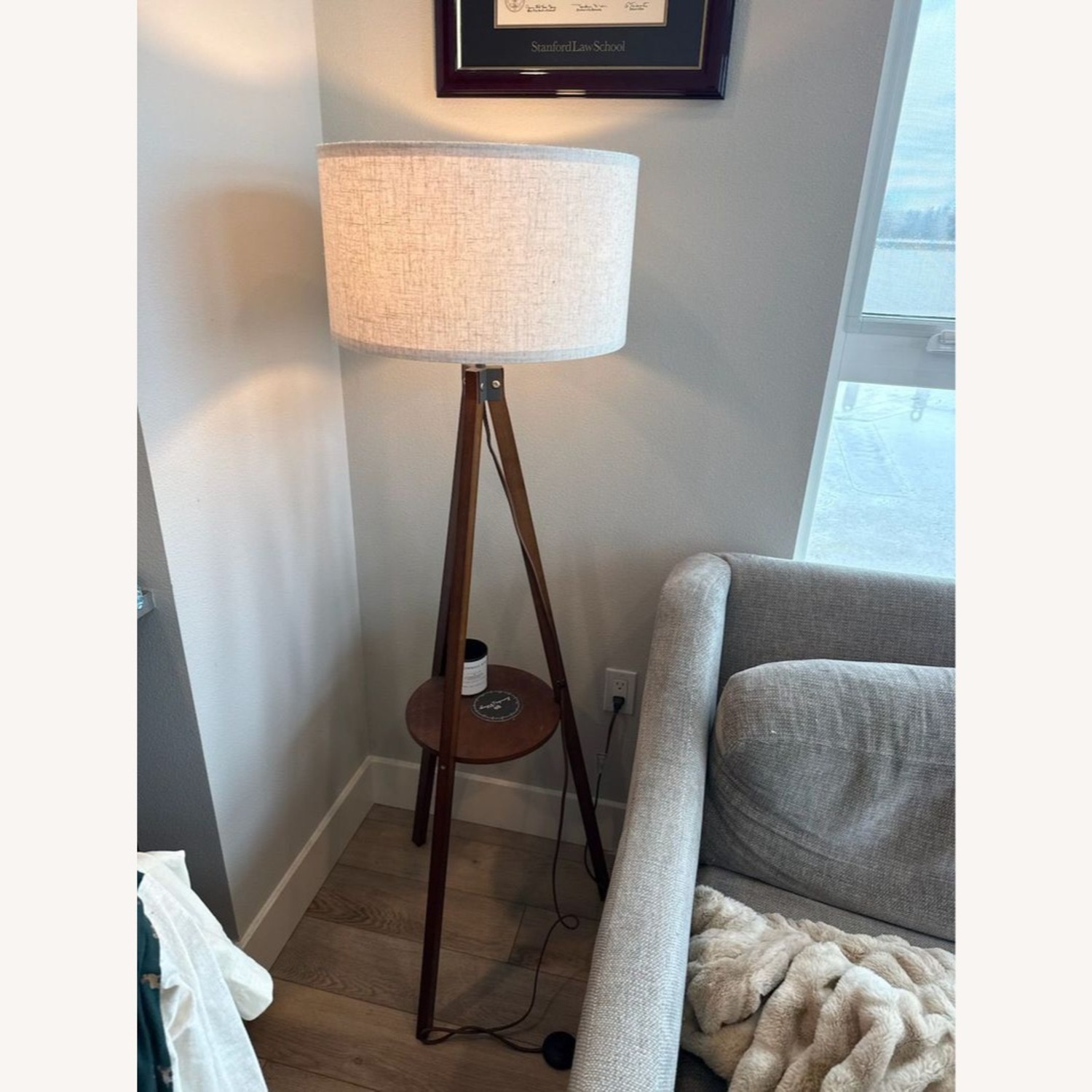 Modern Tripod Floor Lamp with Shelf and Fabric - image-1