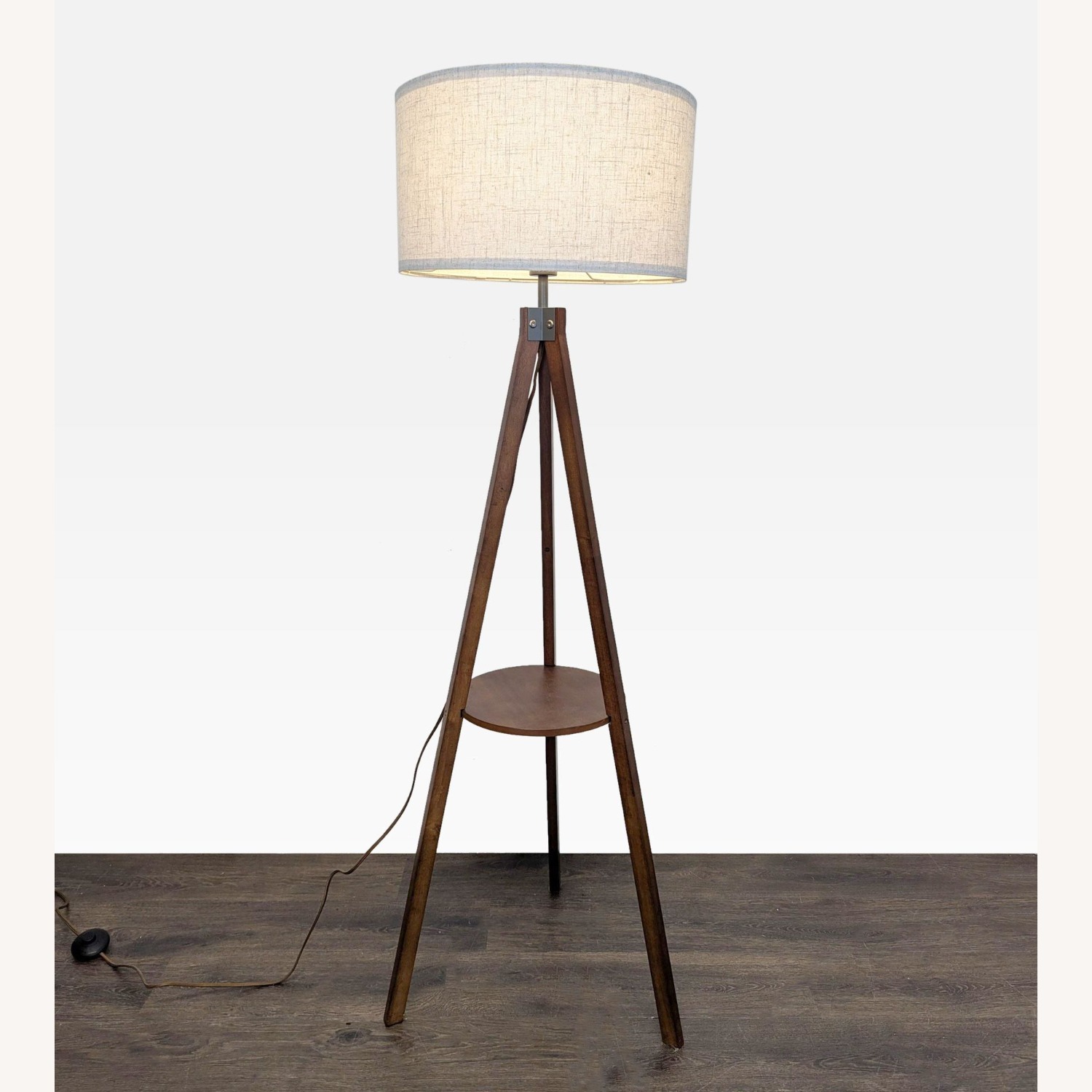 Modern Tripod Floor Lamp with Shelf and Fabric - image-6