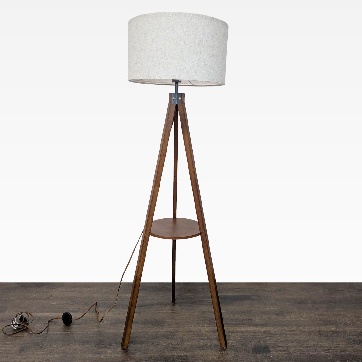 Modern Tripod Floor Lamp with Shelf and Fabric - image-2
