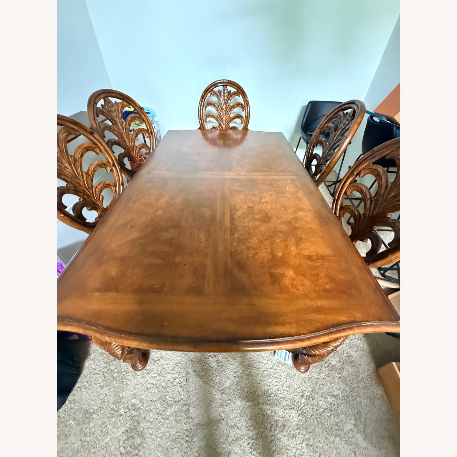 Hand Carved Original Dark Brown Wood Dining Set - image-1