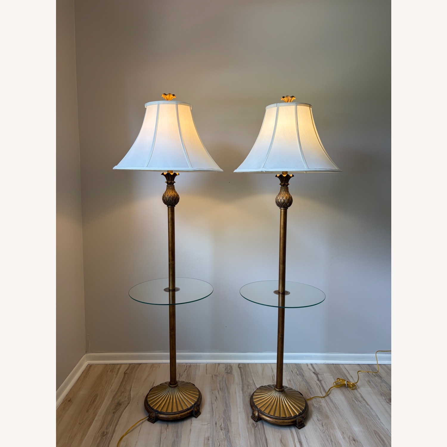 Pair Vintage Regency Brass Floor Tray Lamps - image-1