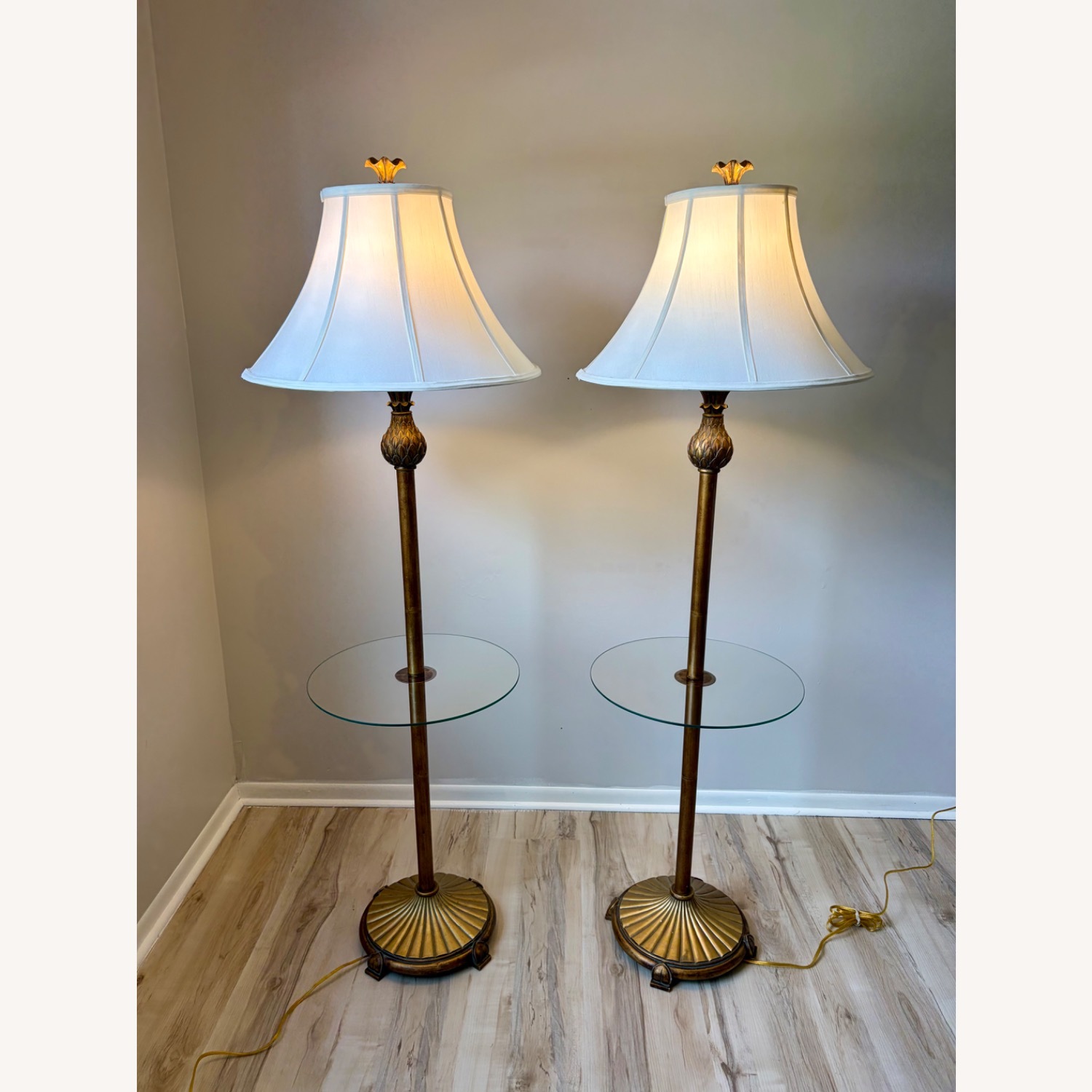 Pair Vintage Regency Brass Floor Tray Lamps - image-6