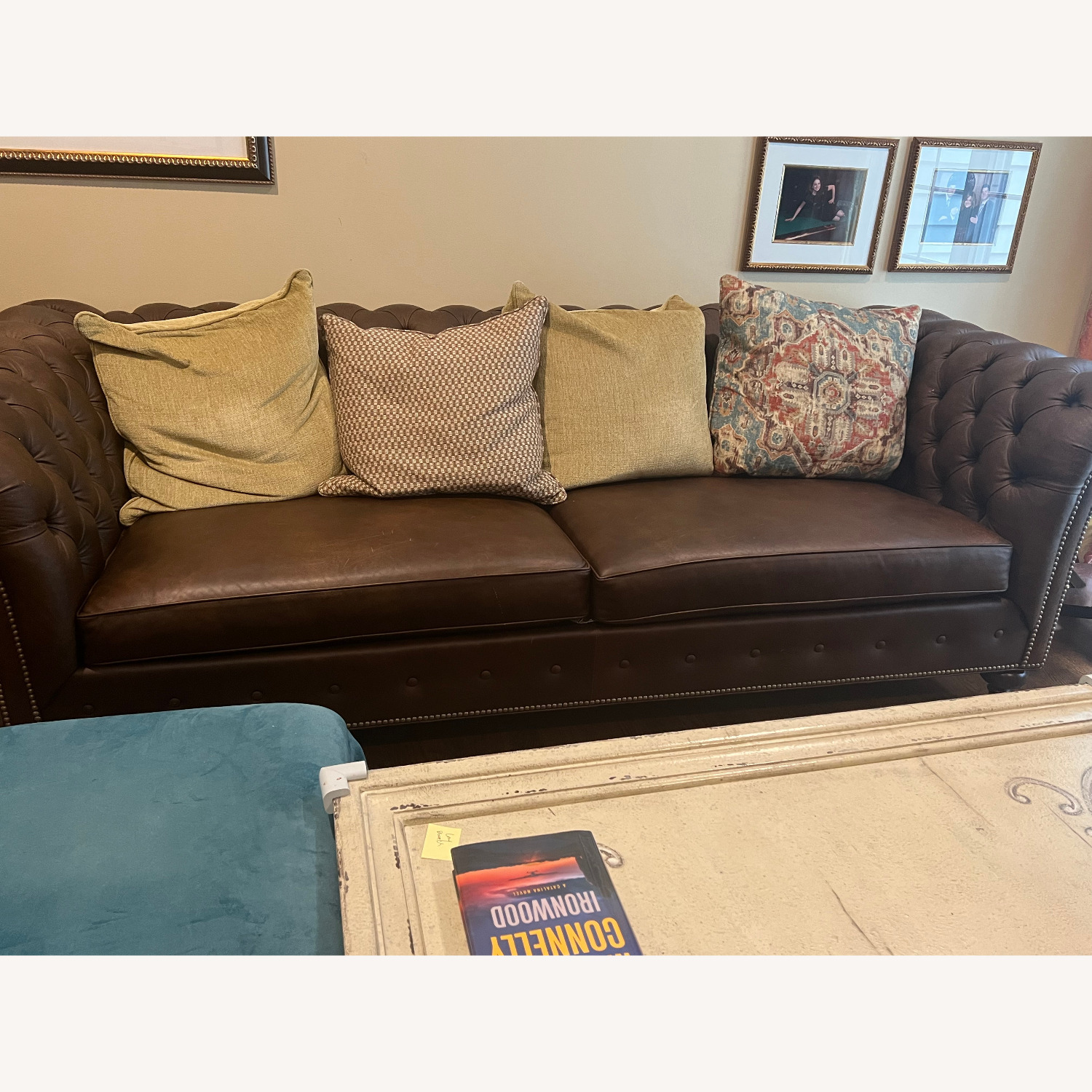 Ethan Allen Button Tufted Leather Couch - image-1