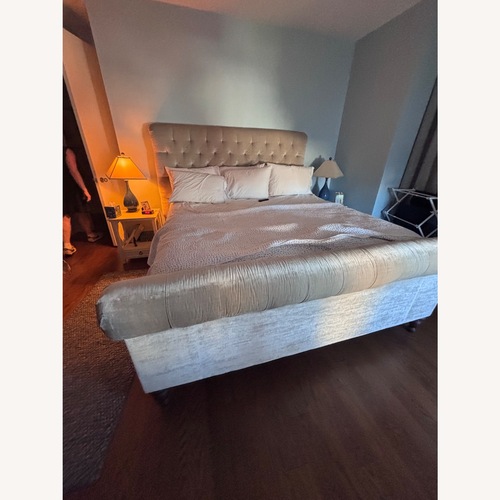 Used Light Gray Velvet California King Bed for sale on AptDeco