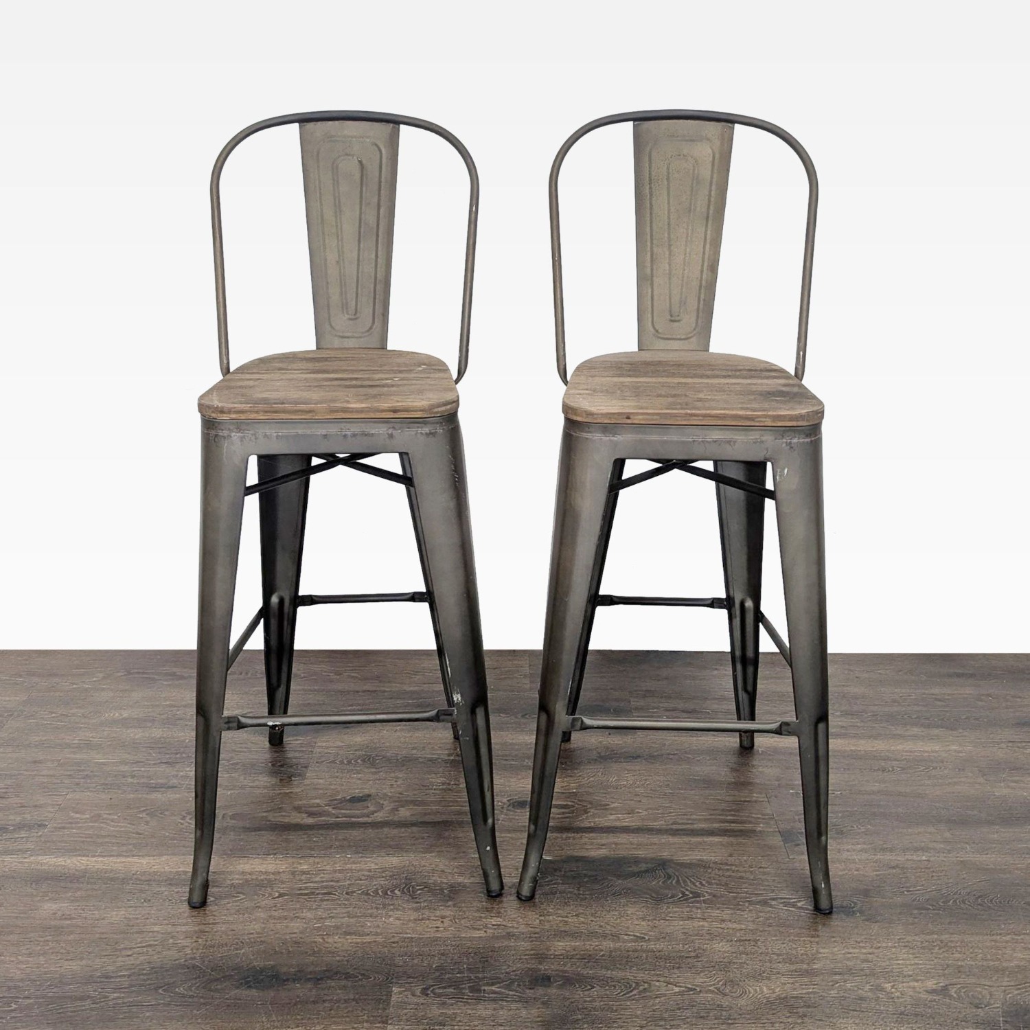 Pair of Metal Bar Stools with Wood Seats	 - image-5