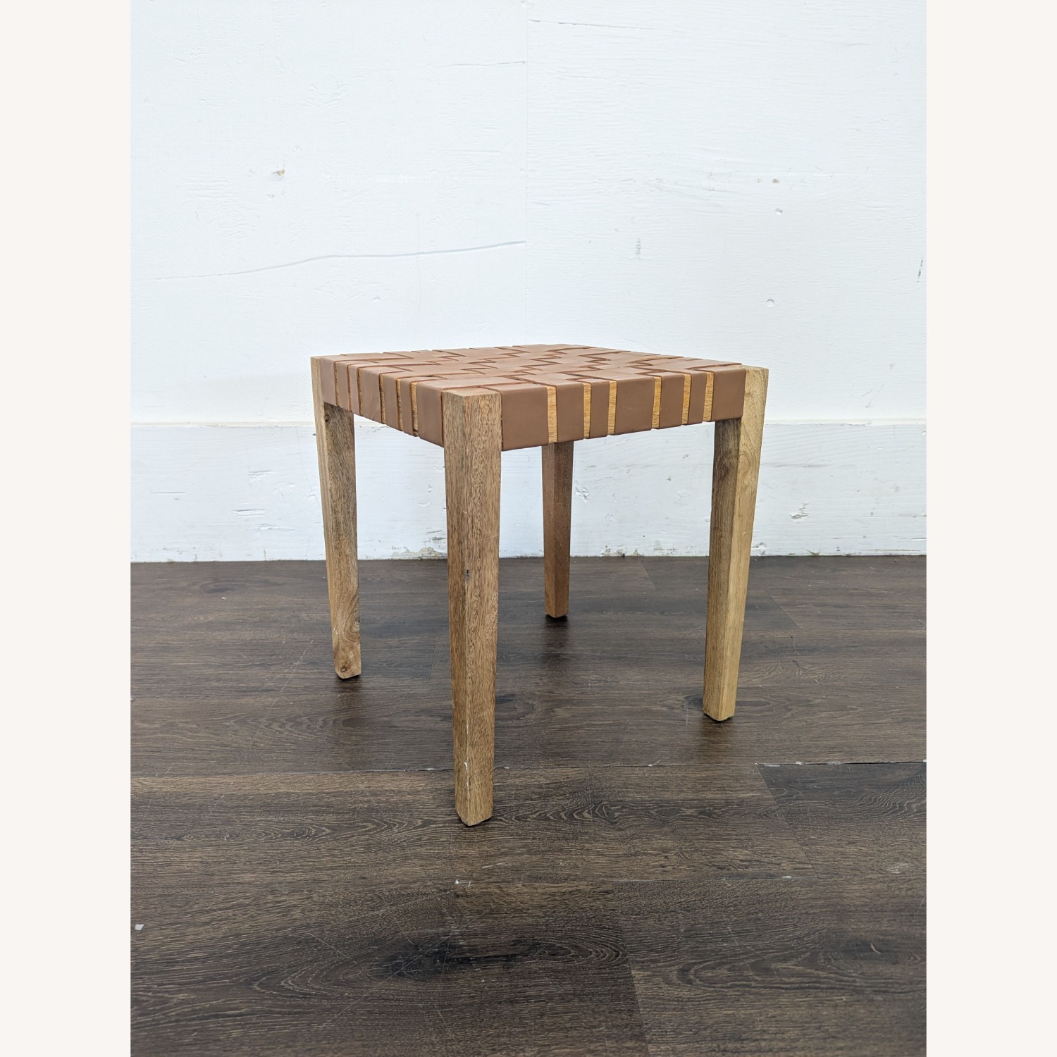 Woven Leather and Wood Stool - image-1