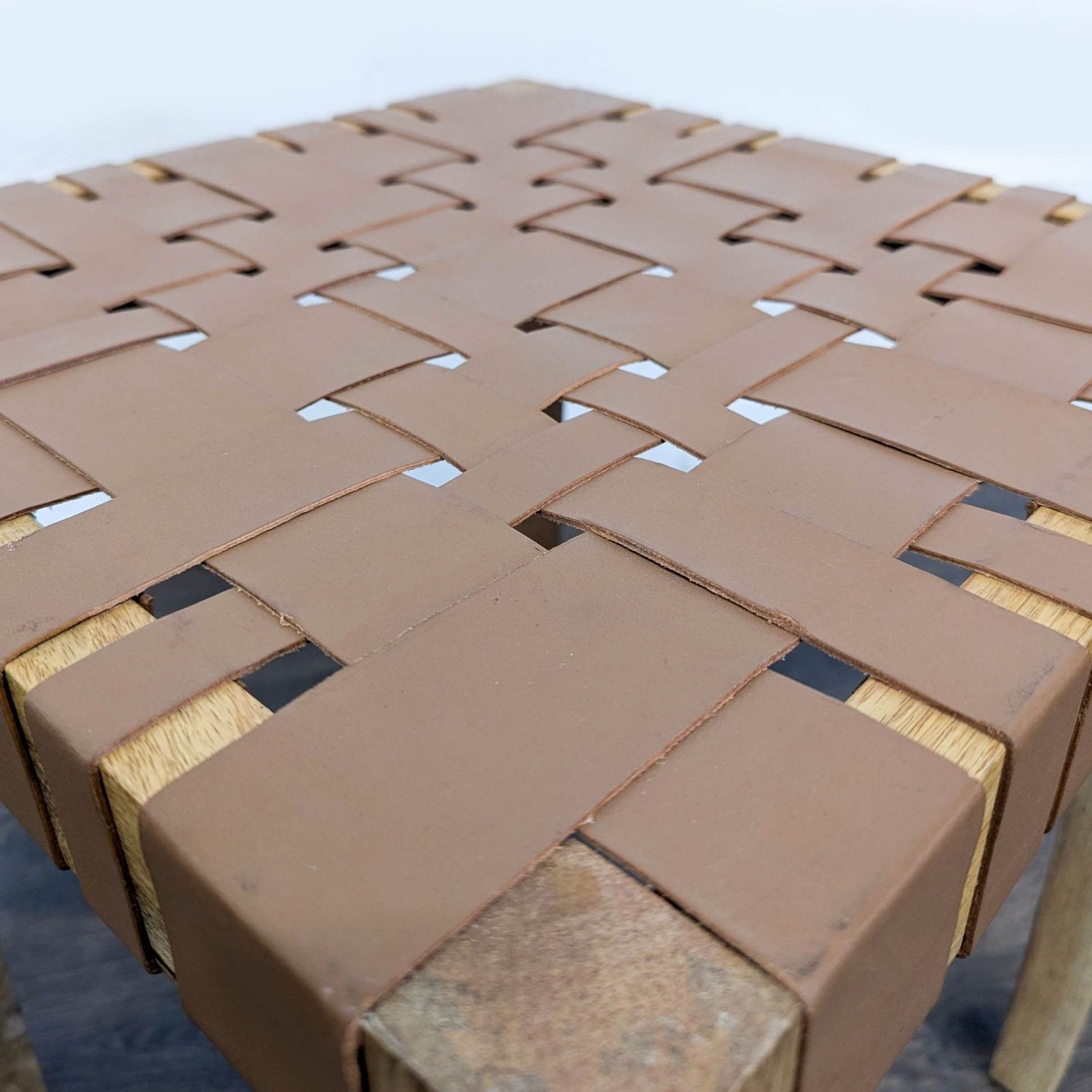 Woven Leather and Wood Stool - image-2