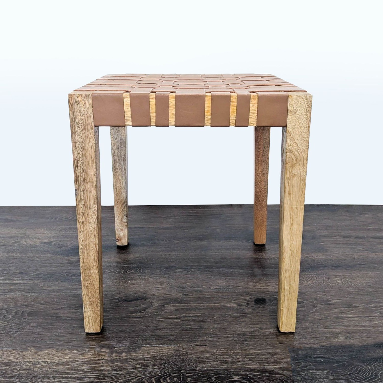 Woven Leather and Wood Stool - image-3