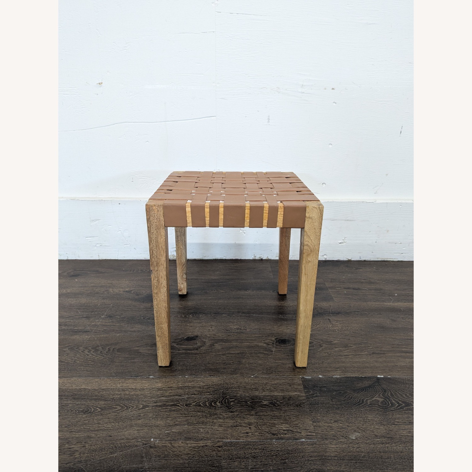 Woven Leather and Wood Stool - image-4