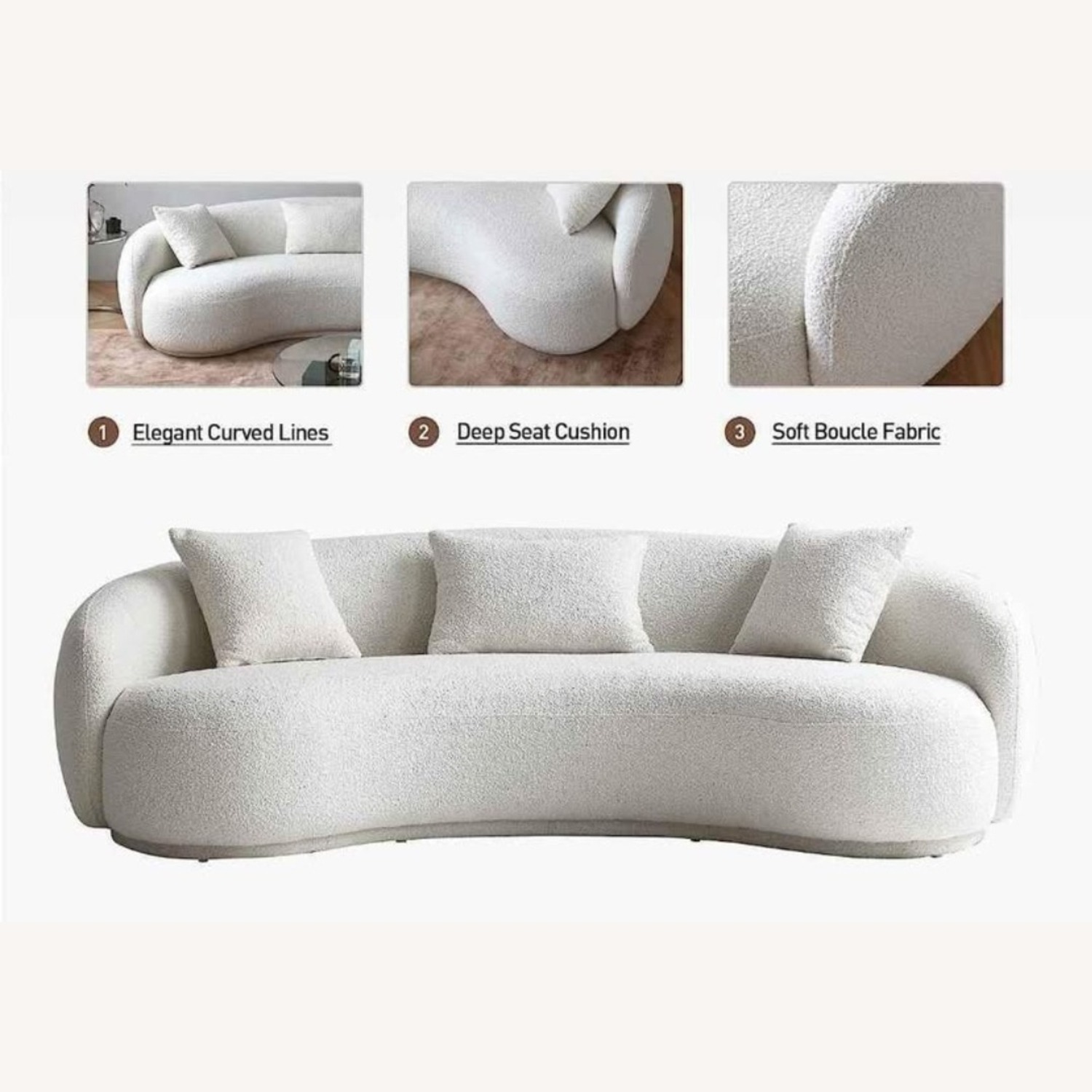 Amazon Modern Curved Boucle Sofa White 3+ Seater Sofa - image-4