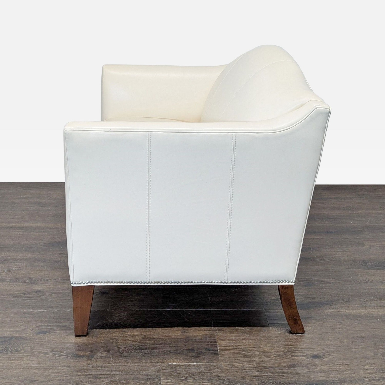 Ethan Allen Cream Leather Loveseat with Wood Legs - image-5