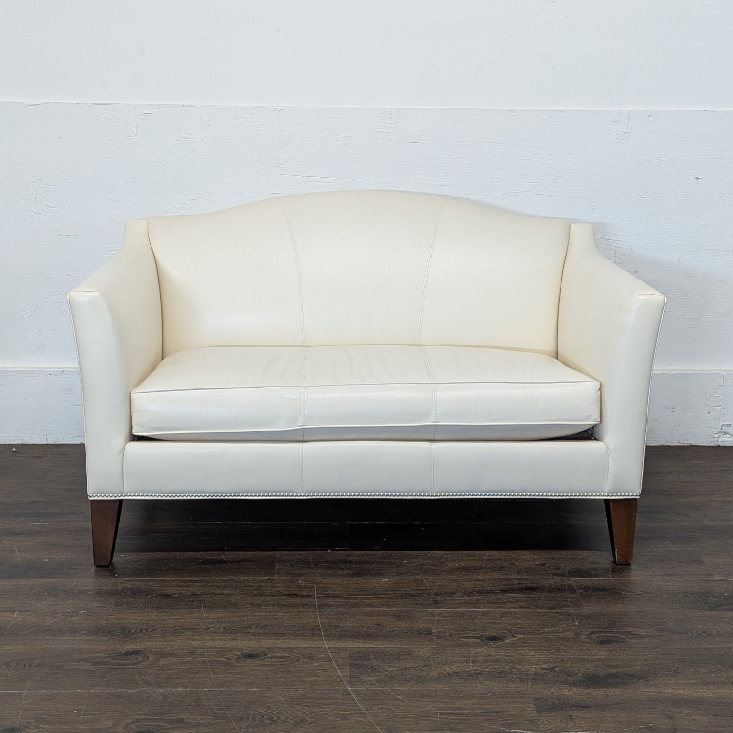 Ethan Allen Cream Leather Loveseat with Wood Legs - image-3