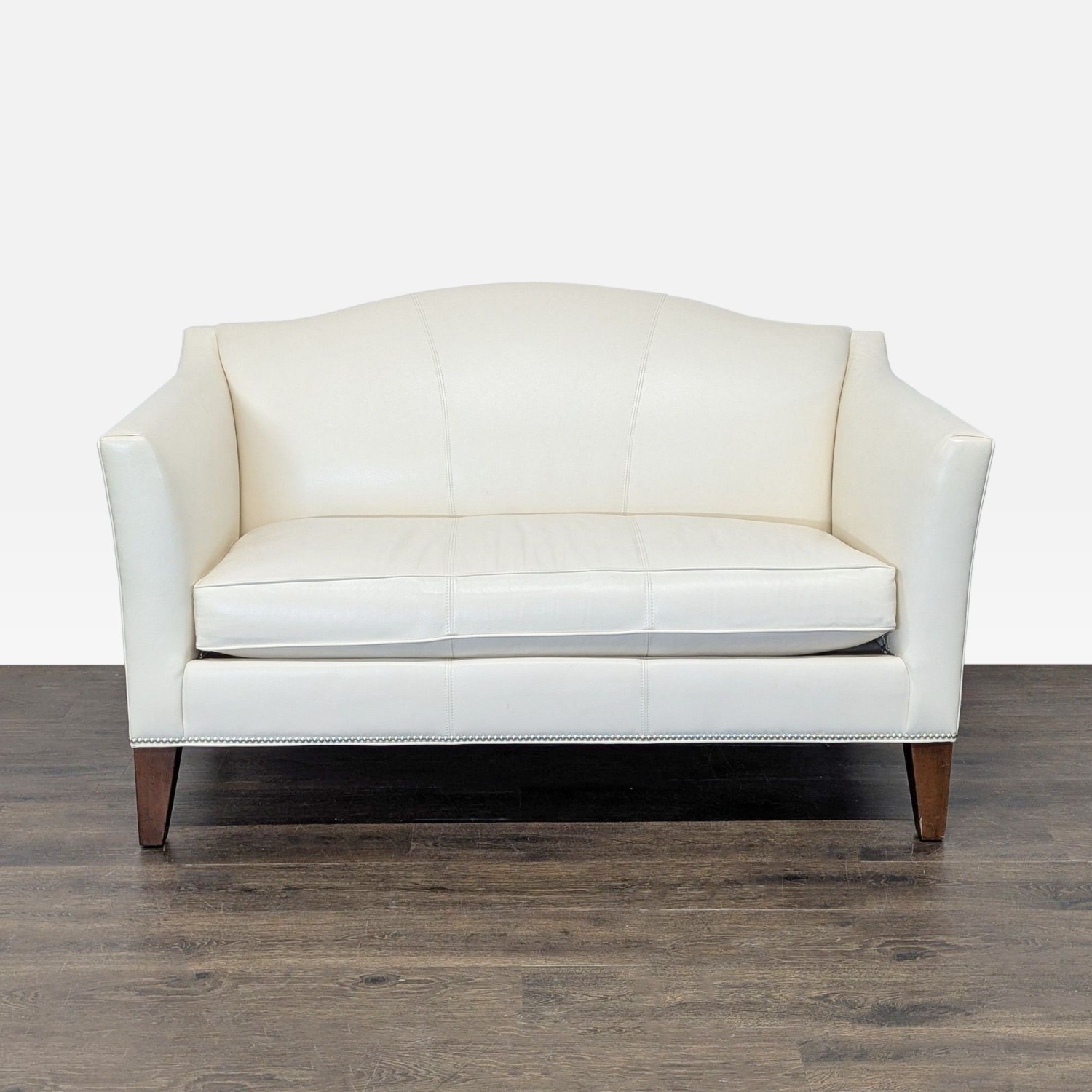 Ethan Allen Cream Leather Loveseat with Wood Legs - image-6