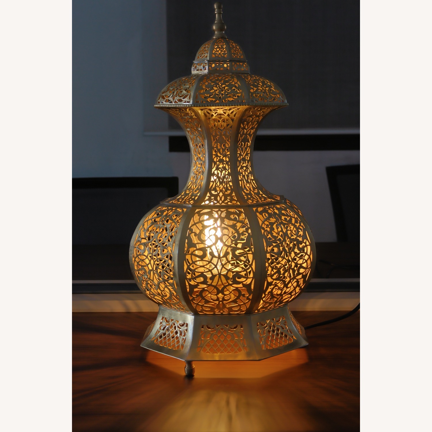 Moroccan Brass Floor Lamp Vintage Gold Dome - image-4