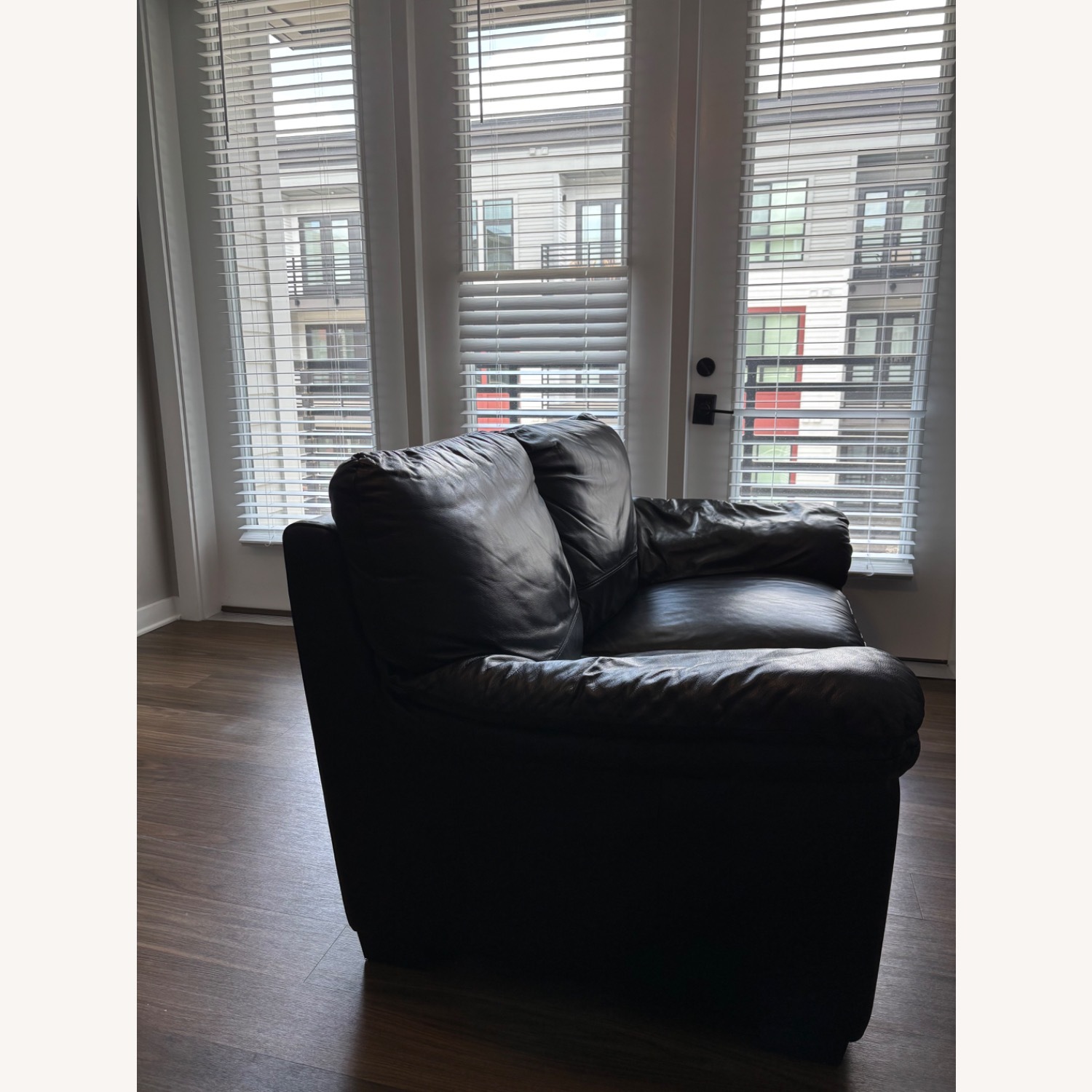 Italsofa Black Leather Loveseat + Rolling Ottoman - image-2