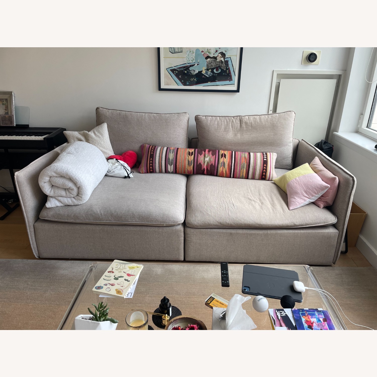 CB2 Light Gray Linen 3+ Seater Sofa - image-9