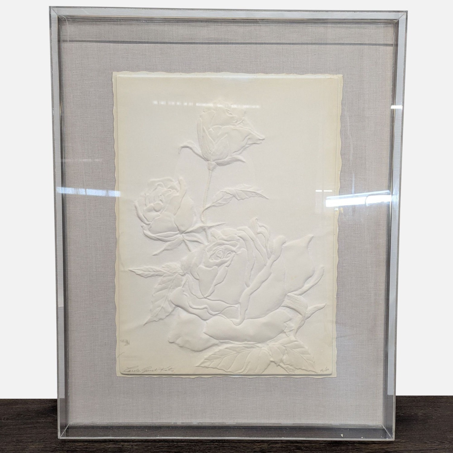 Large Artist Proof Embossed Rose Relief Art - image-4