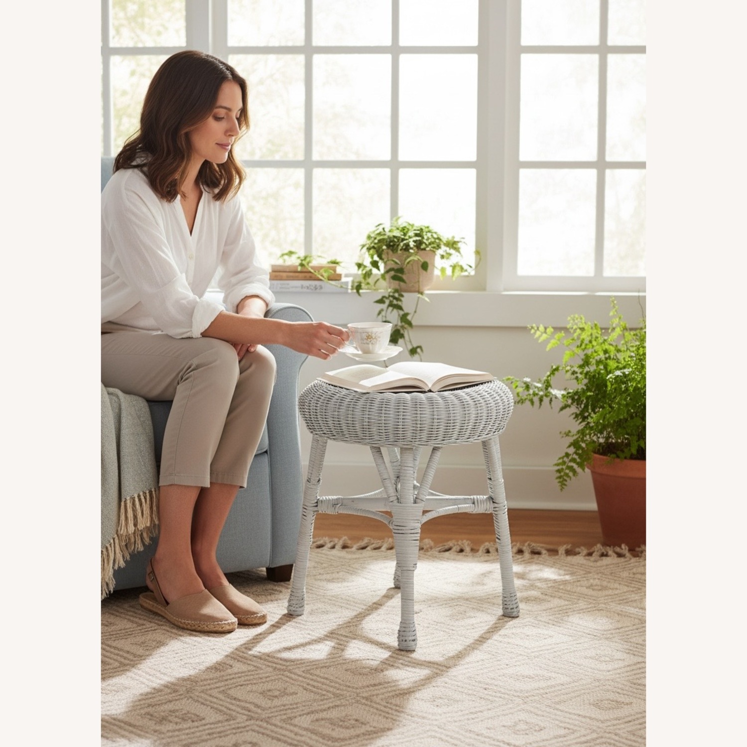 White Wicker Stool Mid-Century Boho Coastal - image-7
