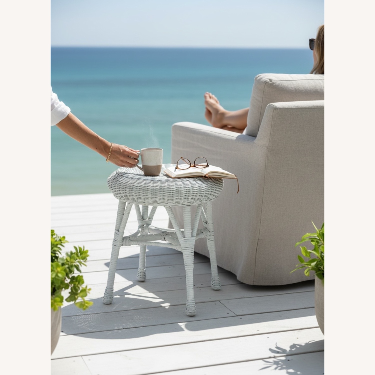 White Wicker Stool Mid-Century Boho Coastal - image-6