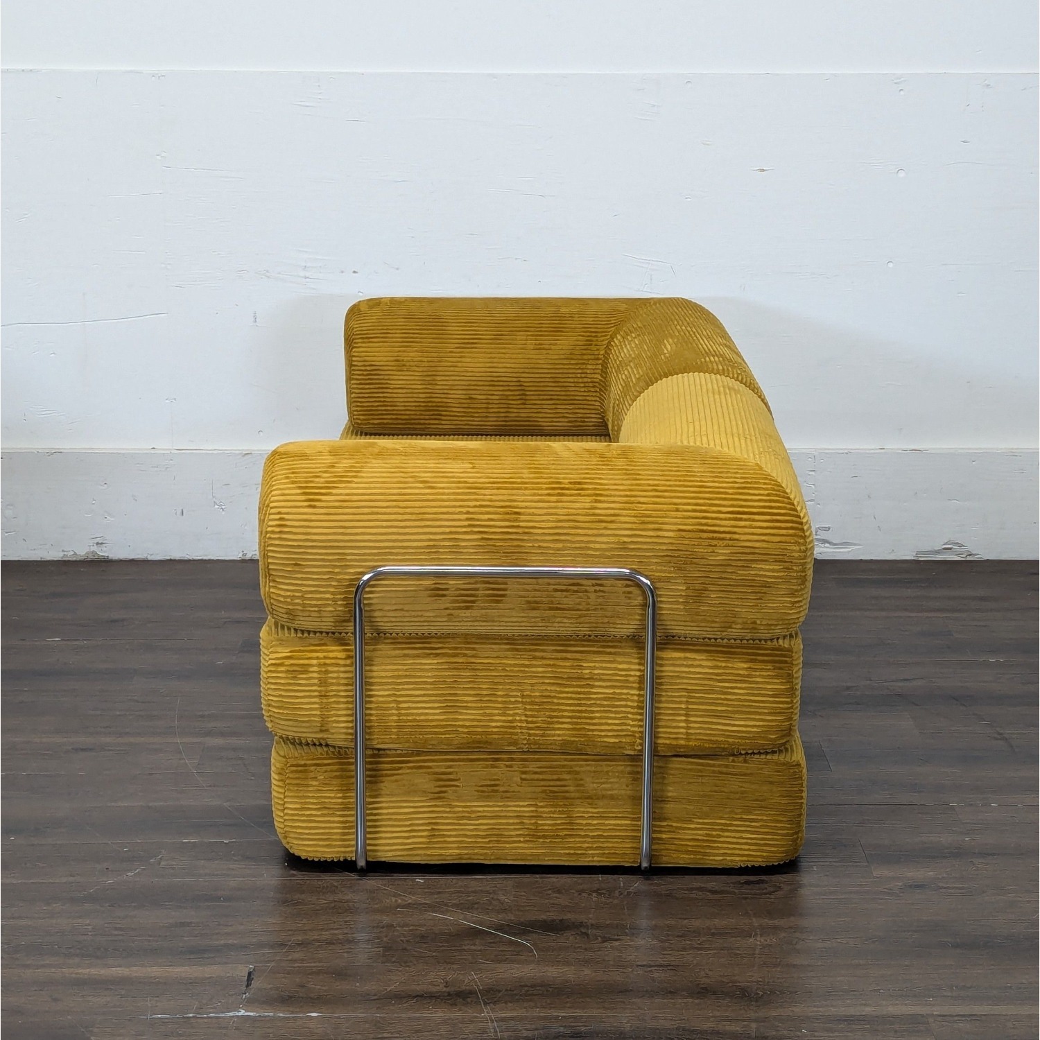 Modern Yellow Corduroy Loveseat with Chrome Frame - image-1