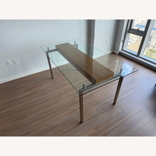 Used Glass Top Dining Table with Center Wood Beam	 for sale on AptDeco