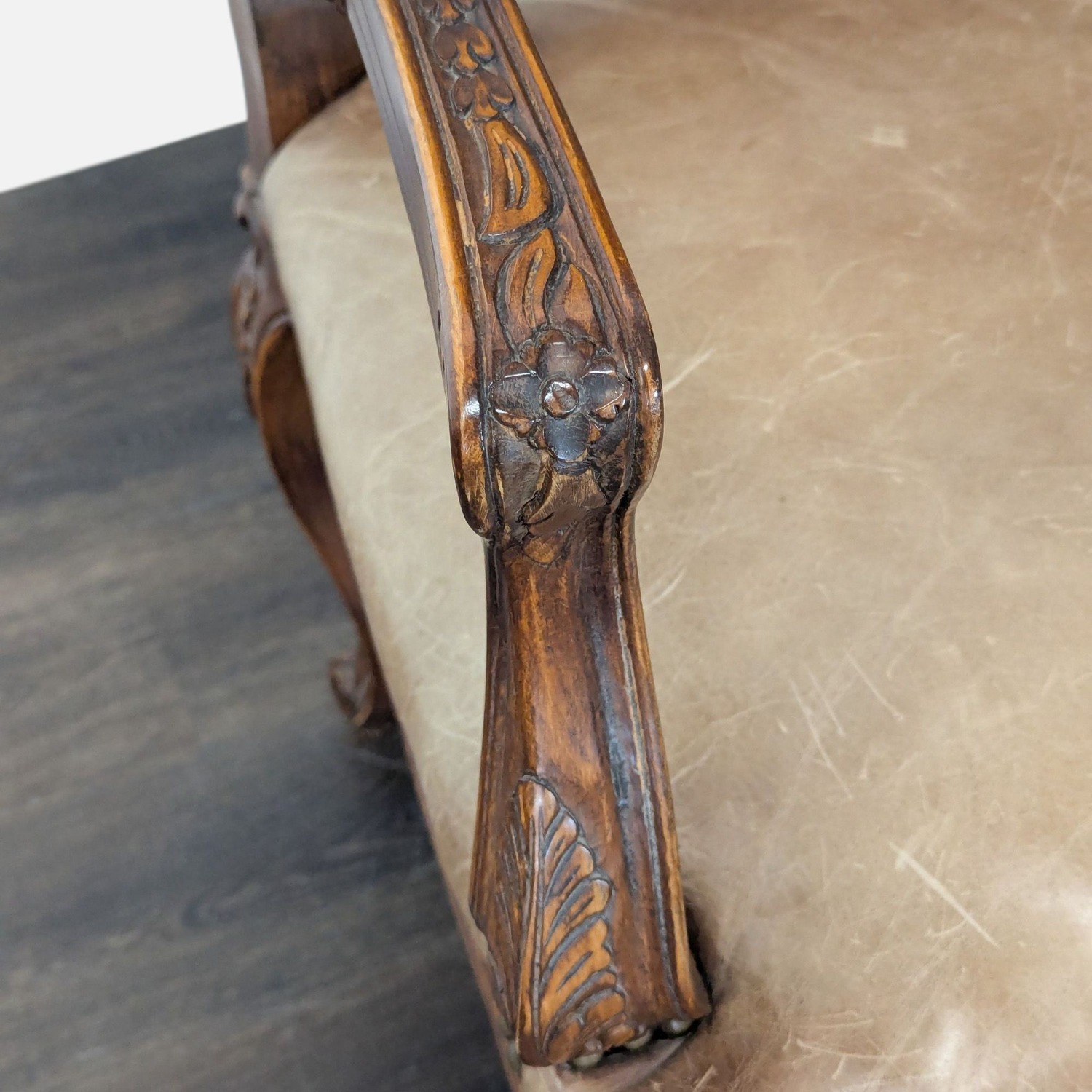 Leather & Wood Lounge Chair with Carved Details	 - image-10