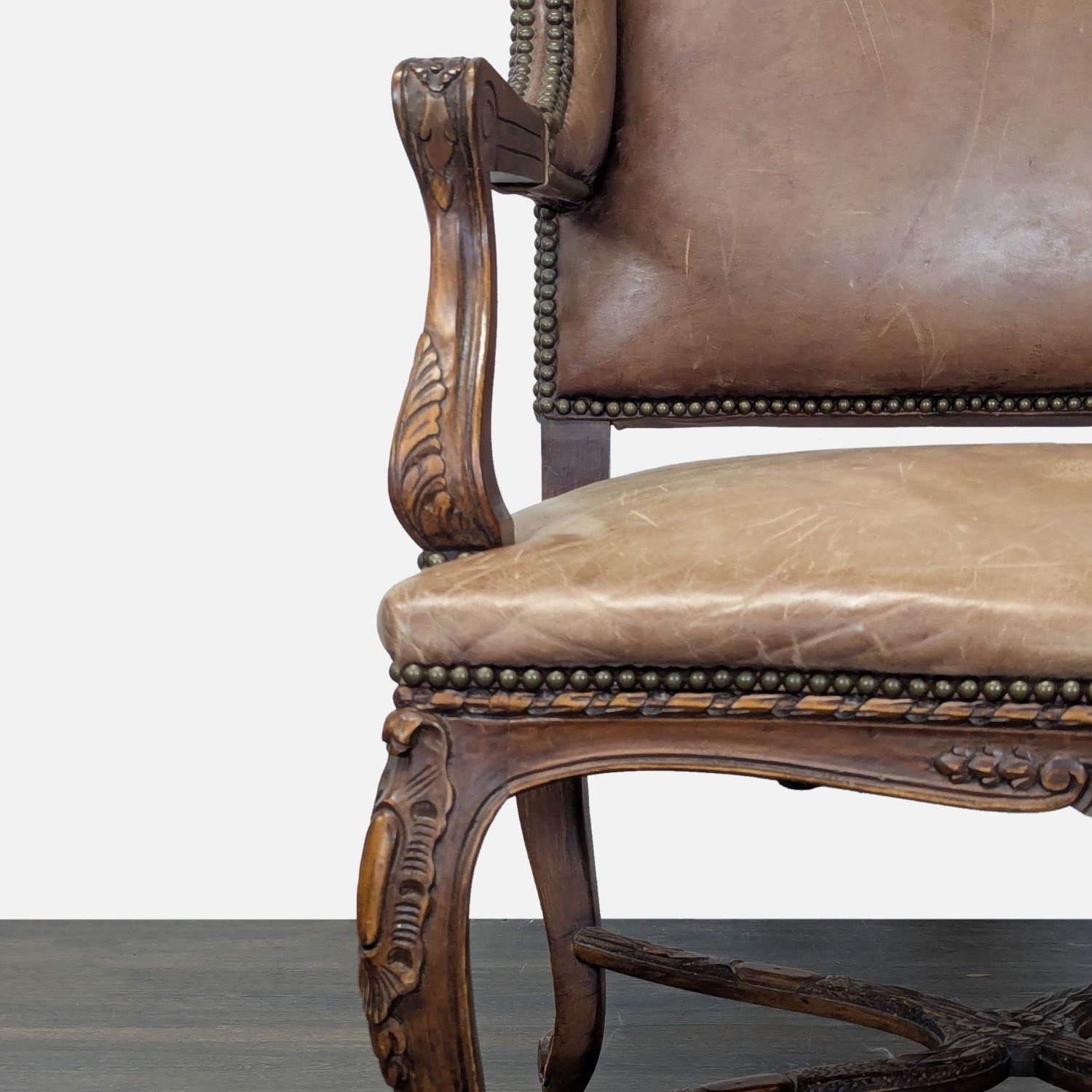 Leather & Wood Lounge Chair with Carved Details	 - image-8
