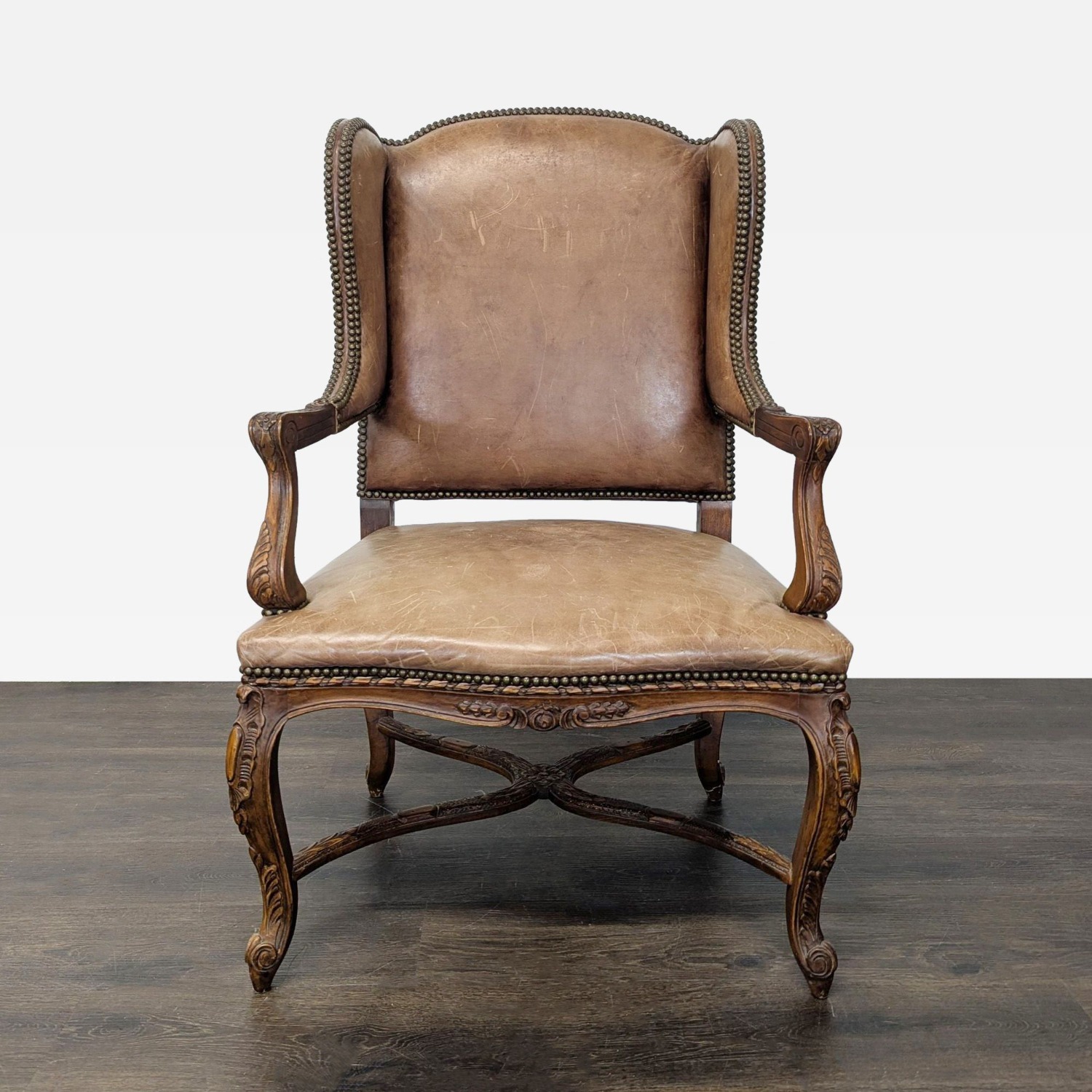 Leather & Wood Lounge Chair with Carved Details	 - image-1