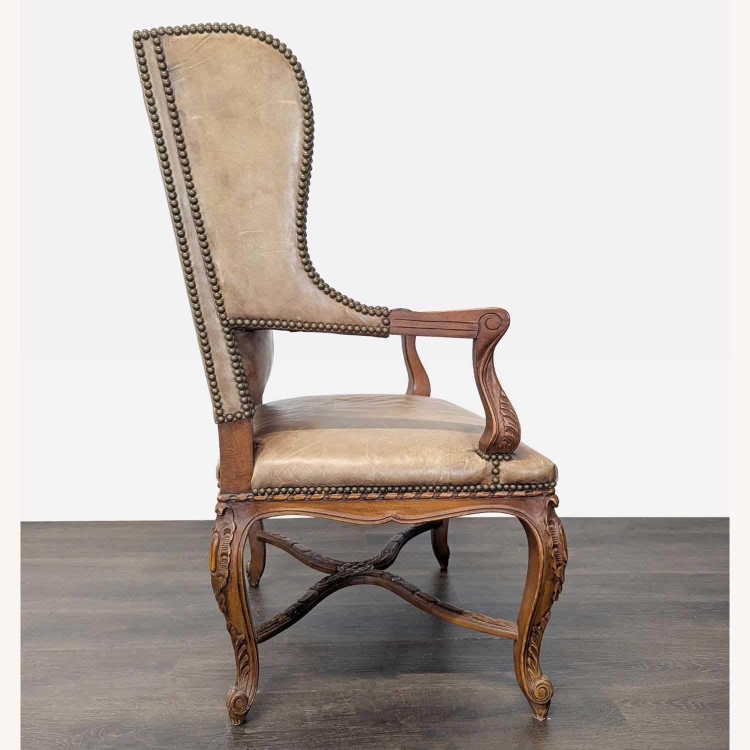 Leather & Wood Lounge Chair with Carved Details	 - image-2