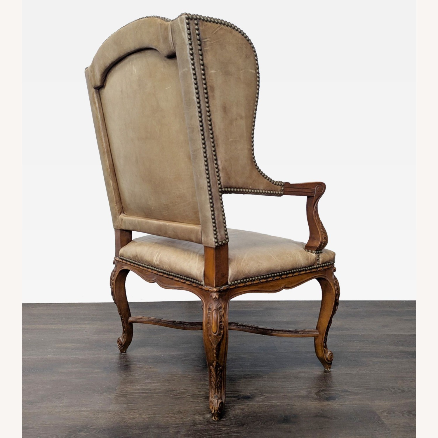 Leather & Wood Lounge Chair with Carved Details	 - image-5