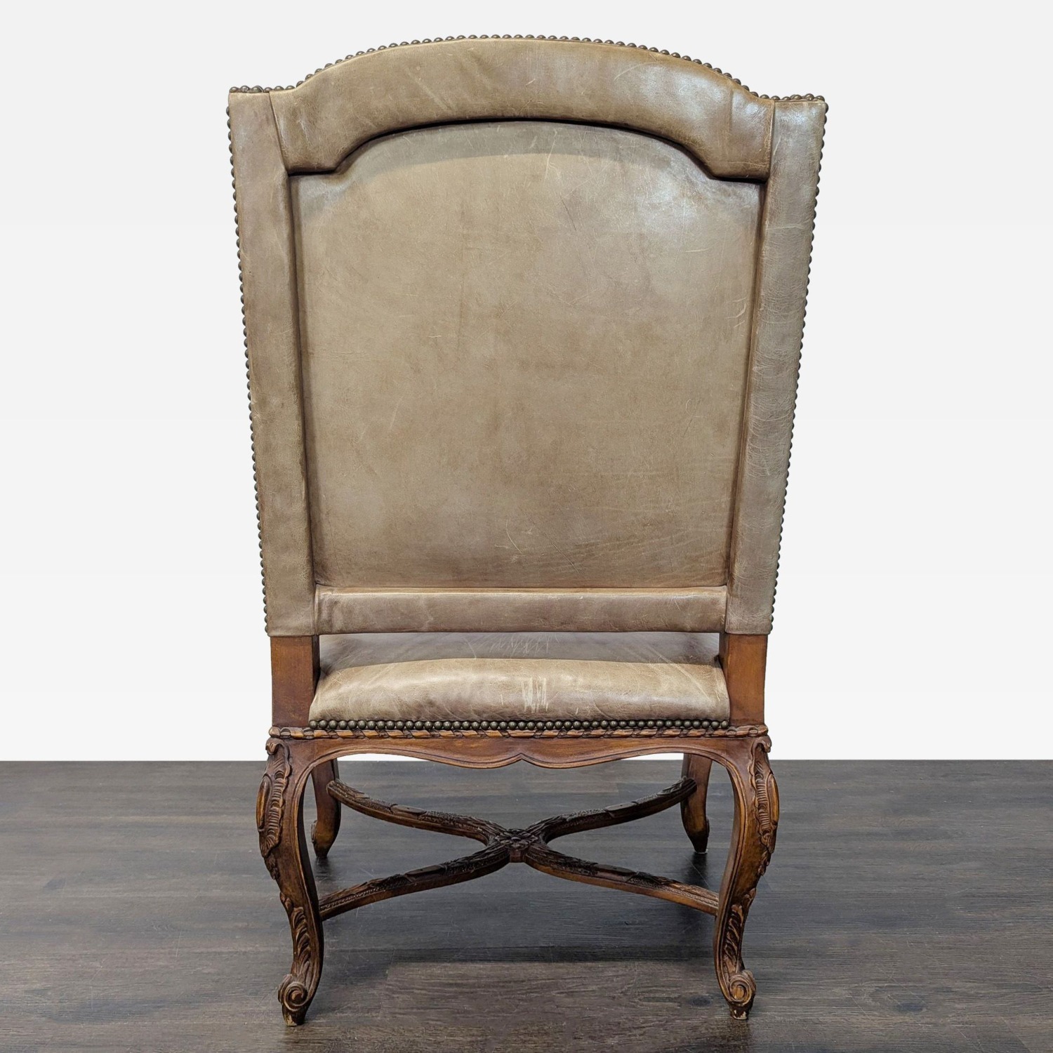 Leather & Wood Lounge Chair with Carved Details	 - image-6