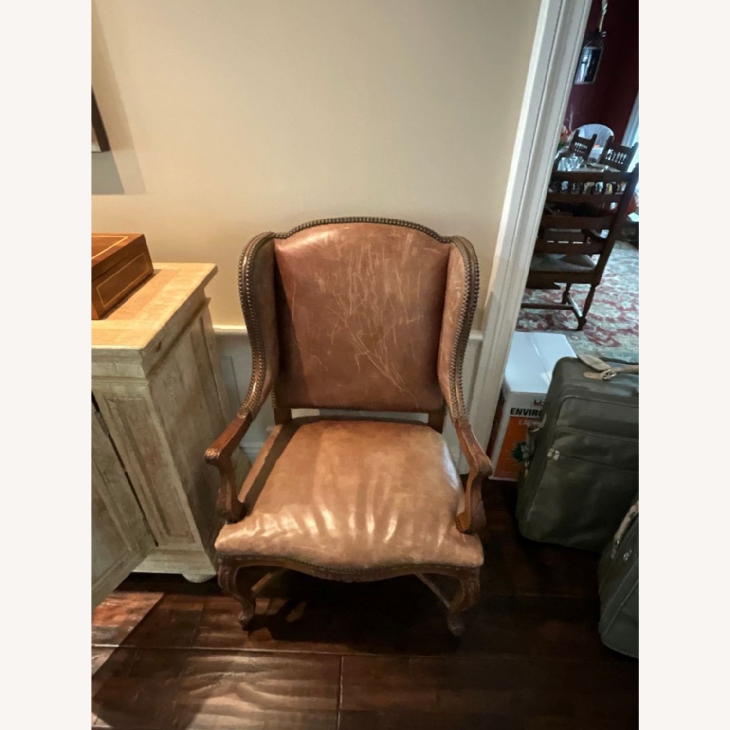 Leather & Wood Lounge Chair with Carved Details	 - image-3