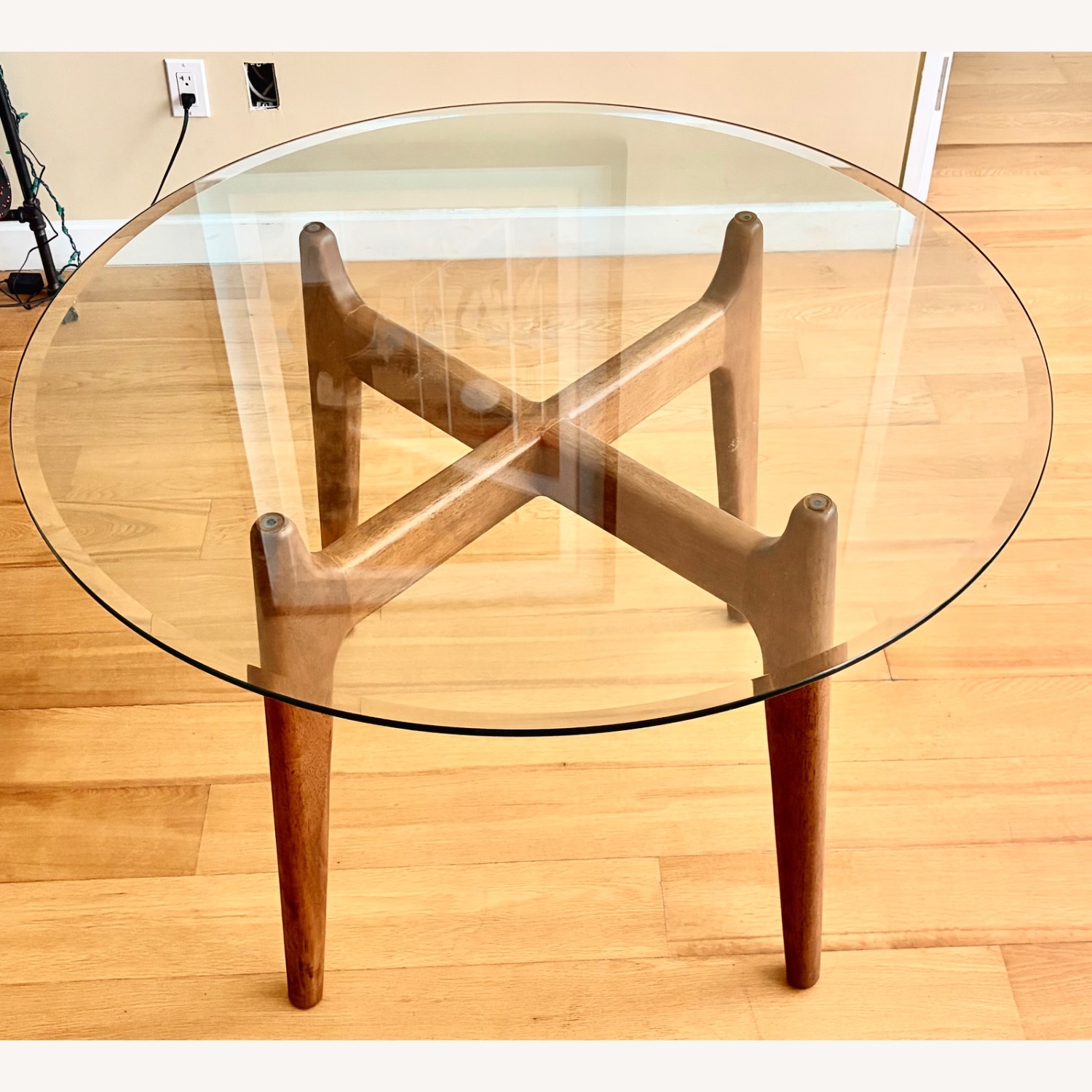 Crate & Barrel Tate MCM Glass Top Walnut Accent Table - image-2