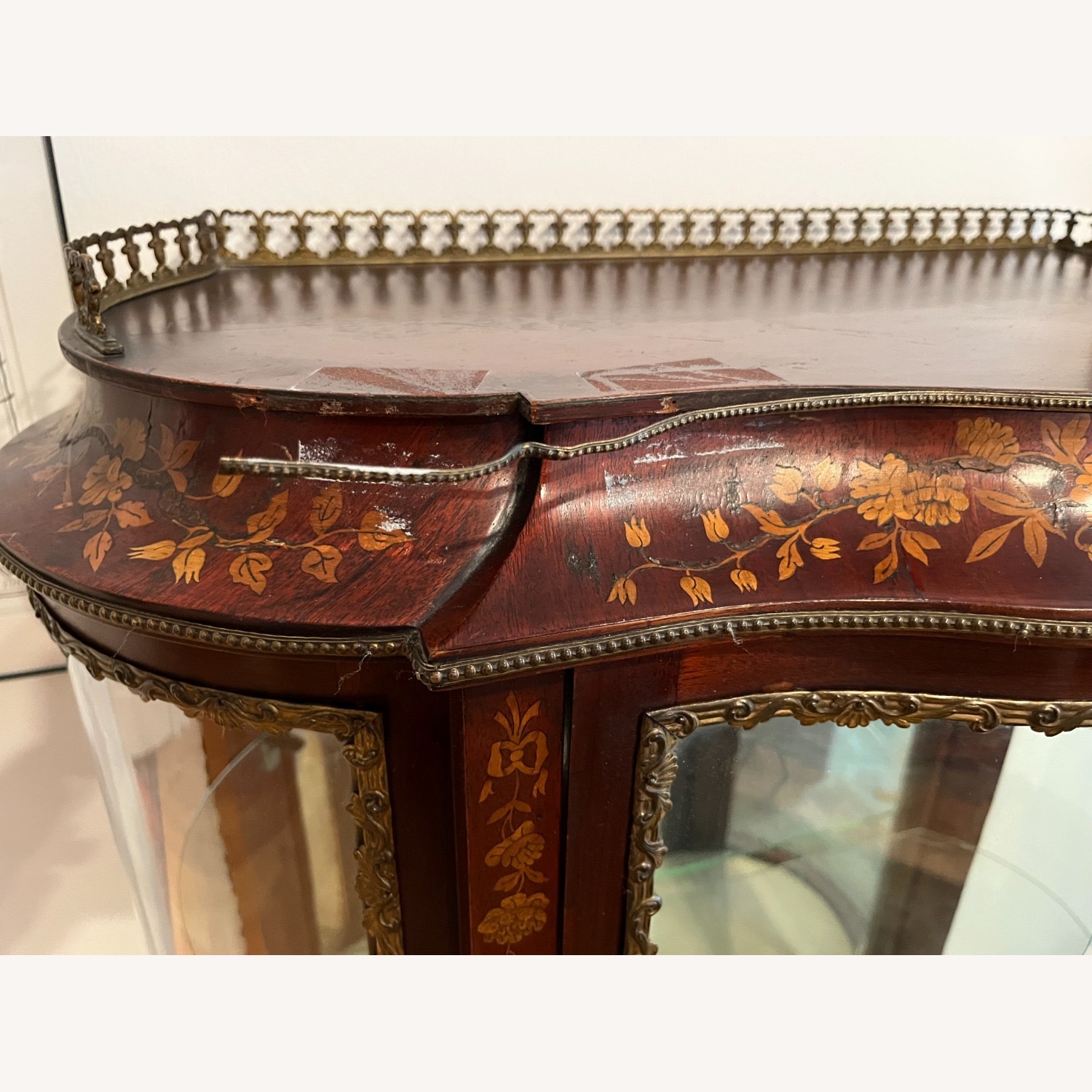 Antique French Inlaid Bowed Glass Curio Cabinet - image-7