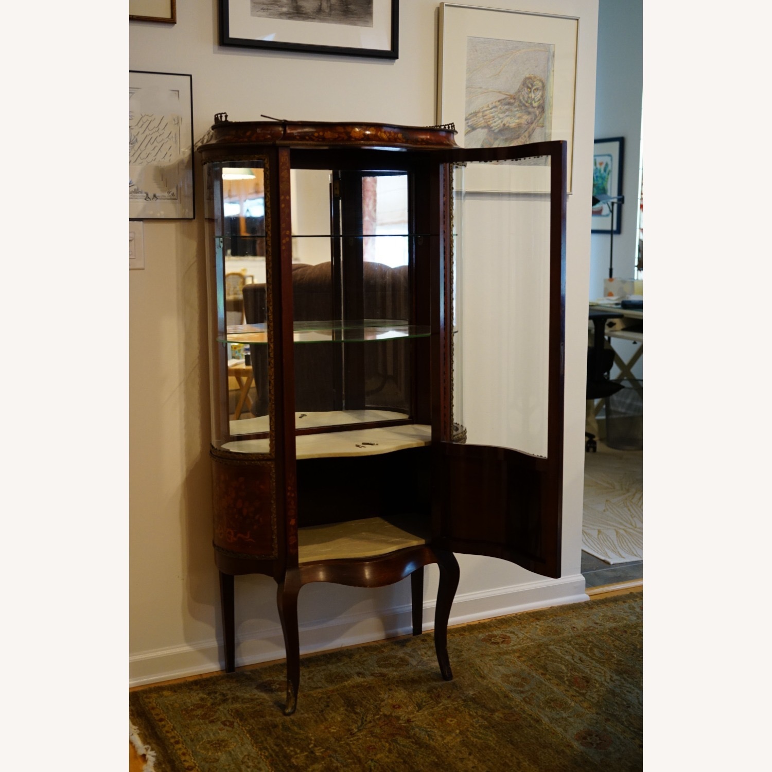 Antique French Inlaid Bowed Glass Curio Cabinet - image-5