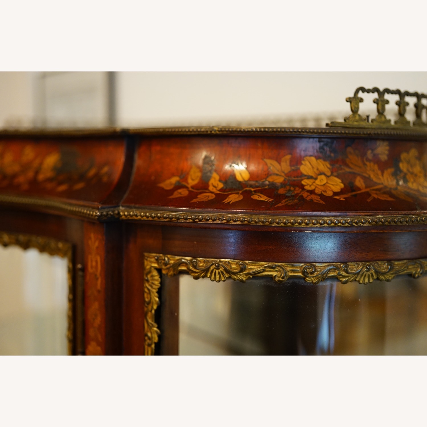 Antique French Inlaid Bowed Glass Curio Cabinet - image-11