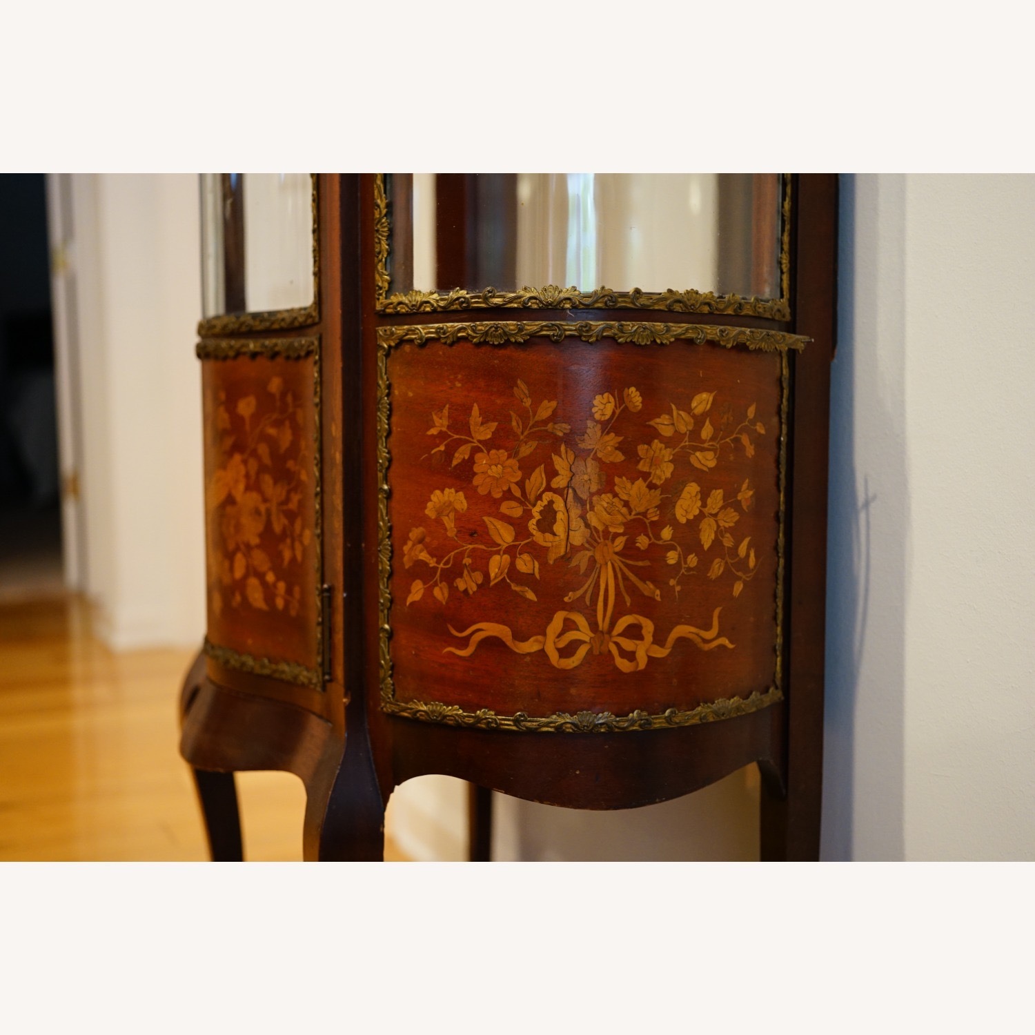 Antique French Inlaid Bowed Glass Curio Cabinet - image-13