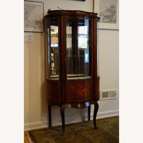 Used Antique French Inlaid Bowed Glass Curio Cabinet for sale on AptDeco
