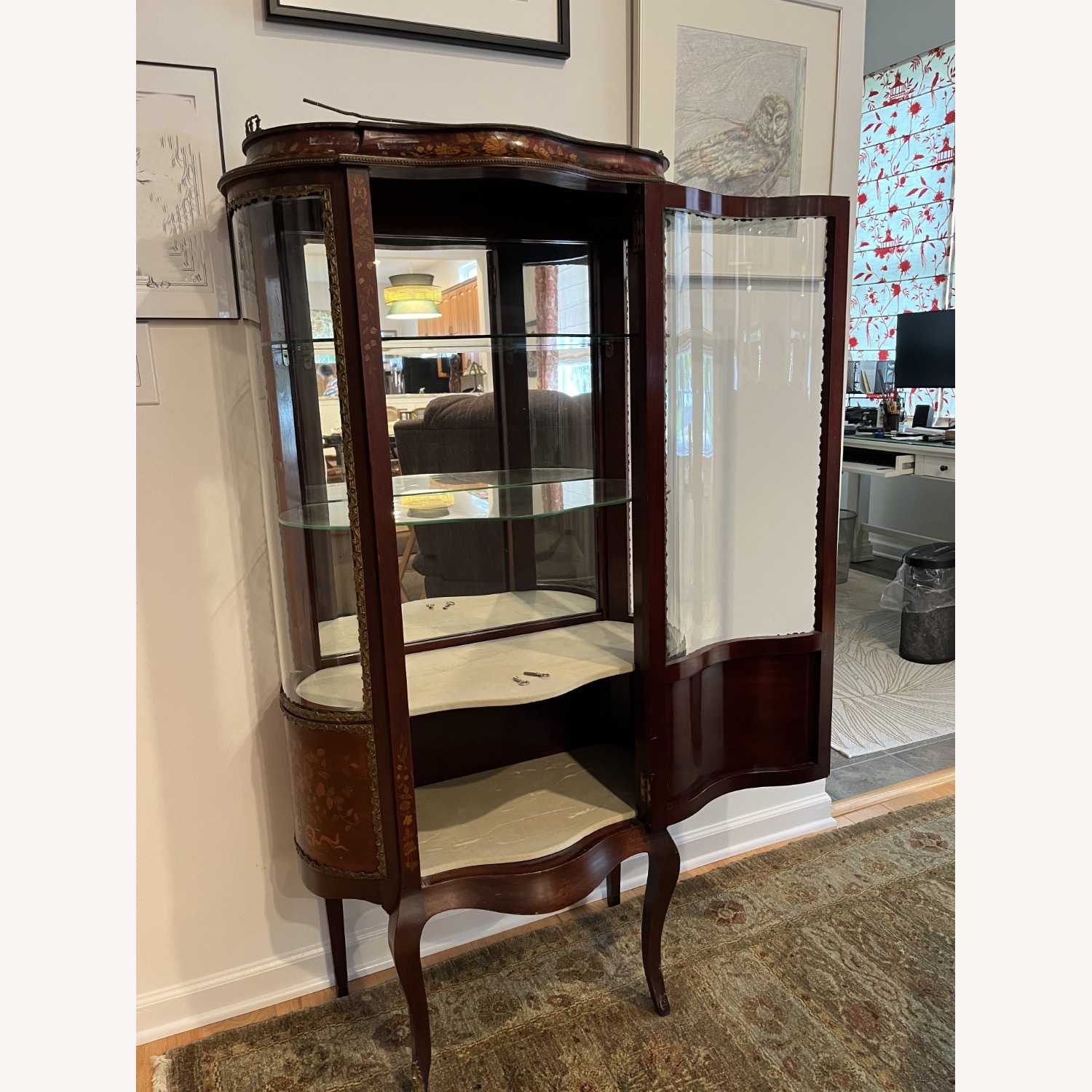 Antique French Inlaid Bowed Glass Curio Cabinet - image-2