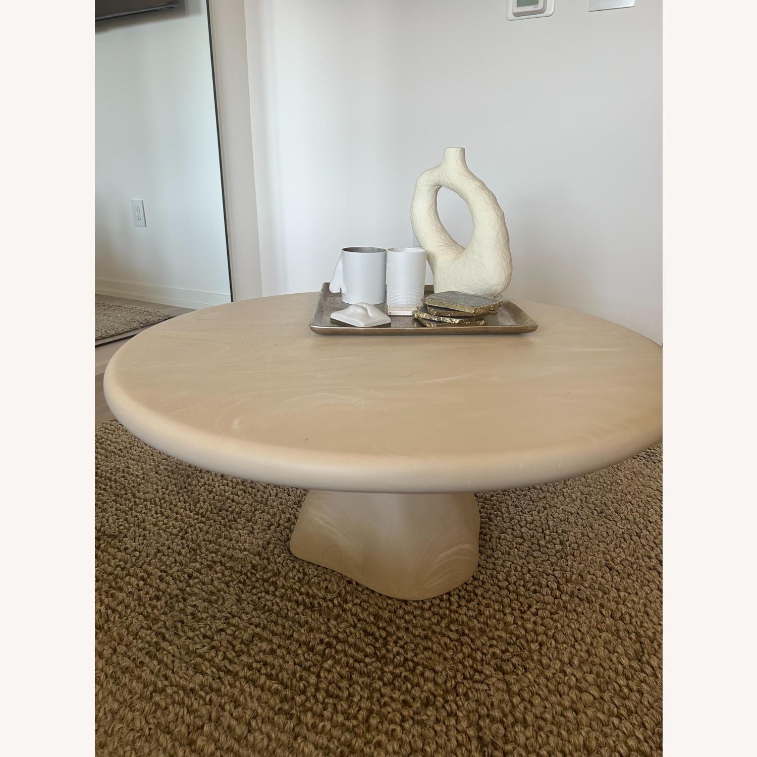 CB2 Espira Round 35" Cream Marbled Resin Coffee Table - image-1