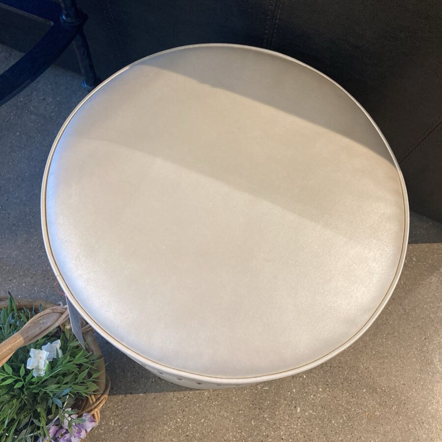 Round Faux Leather & Nail Head Ottoman - image-3