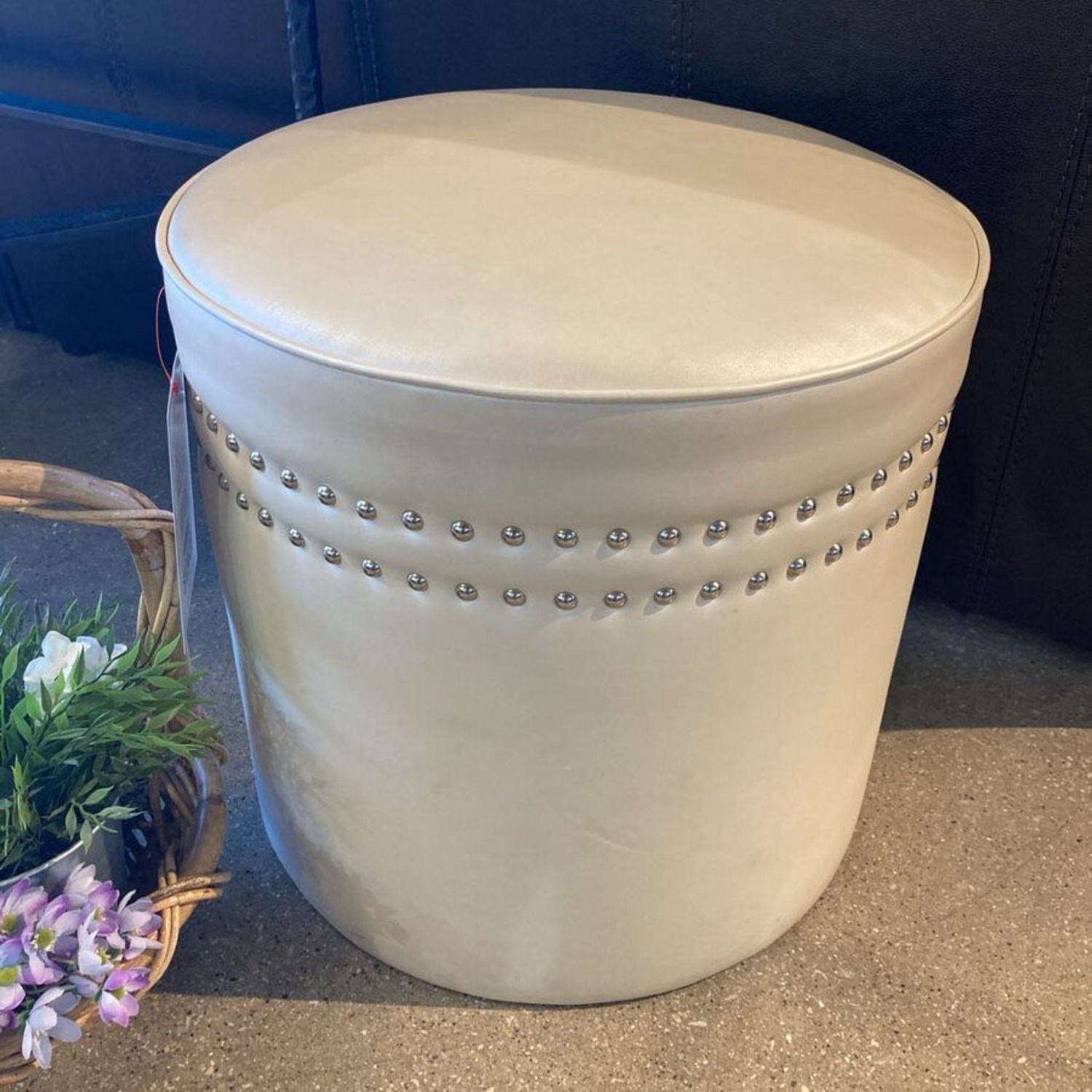 Round Faux Leather & Nail Head Ottoman - image-2