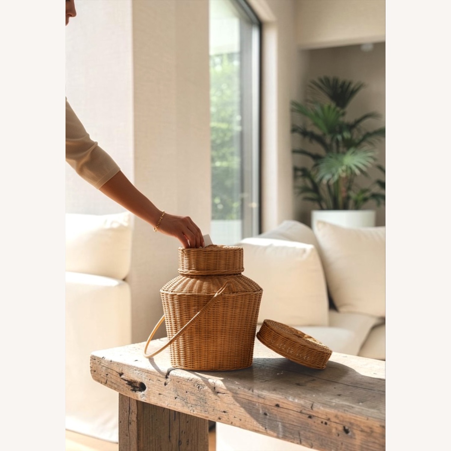 Hand-Woven Natural Wicker Basket with Lid & Handle - image-6