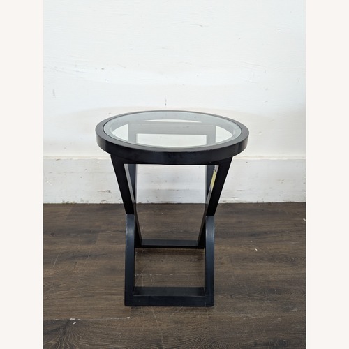 Used Glass Top Wood X Base Accent Table for sale on AptDeco