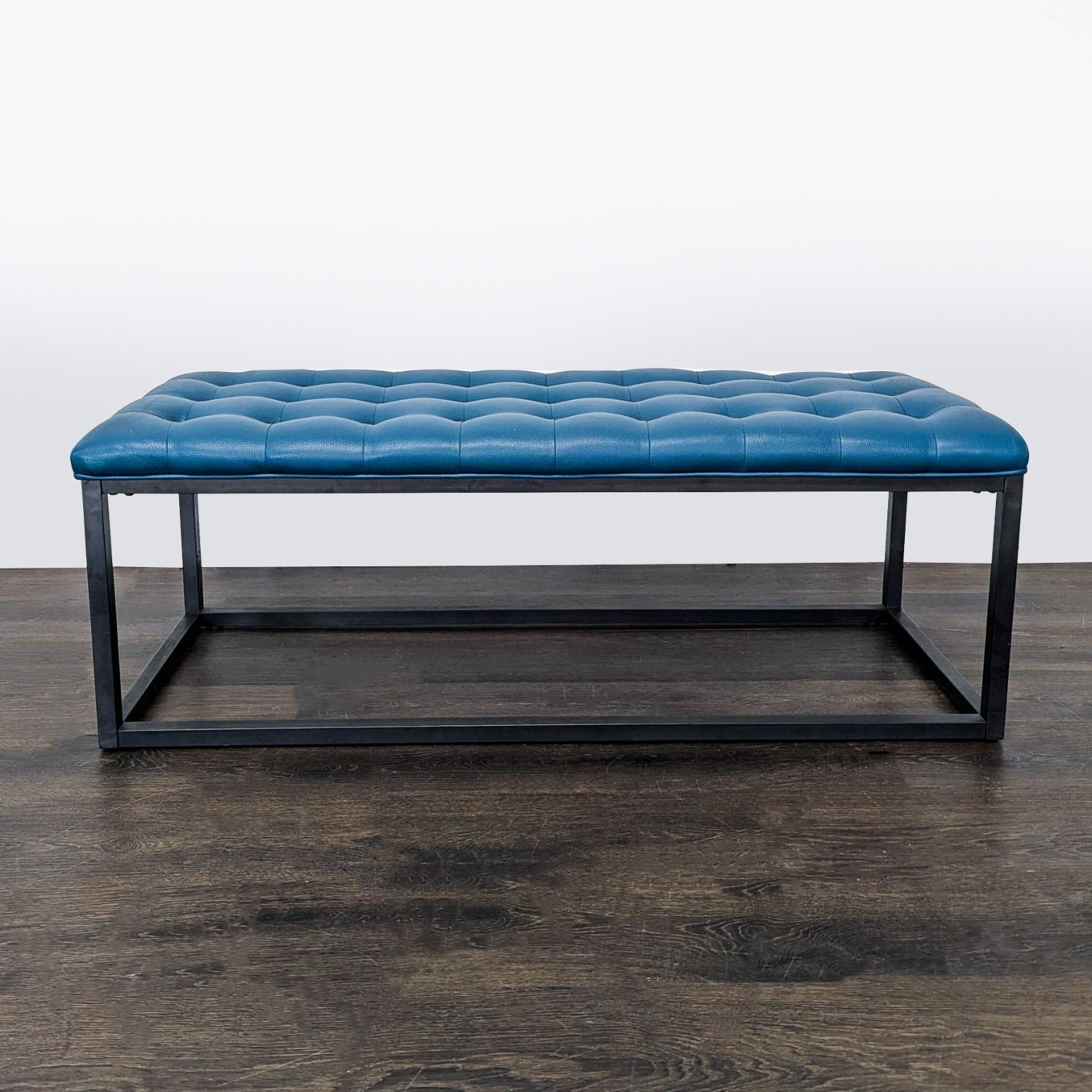 Button Tufted Leather Bench on Metal Frame - image-4