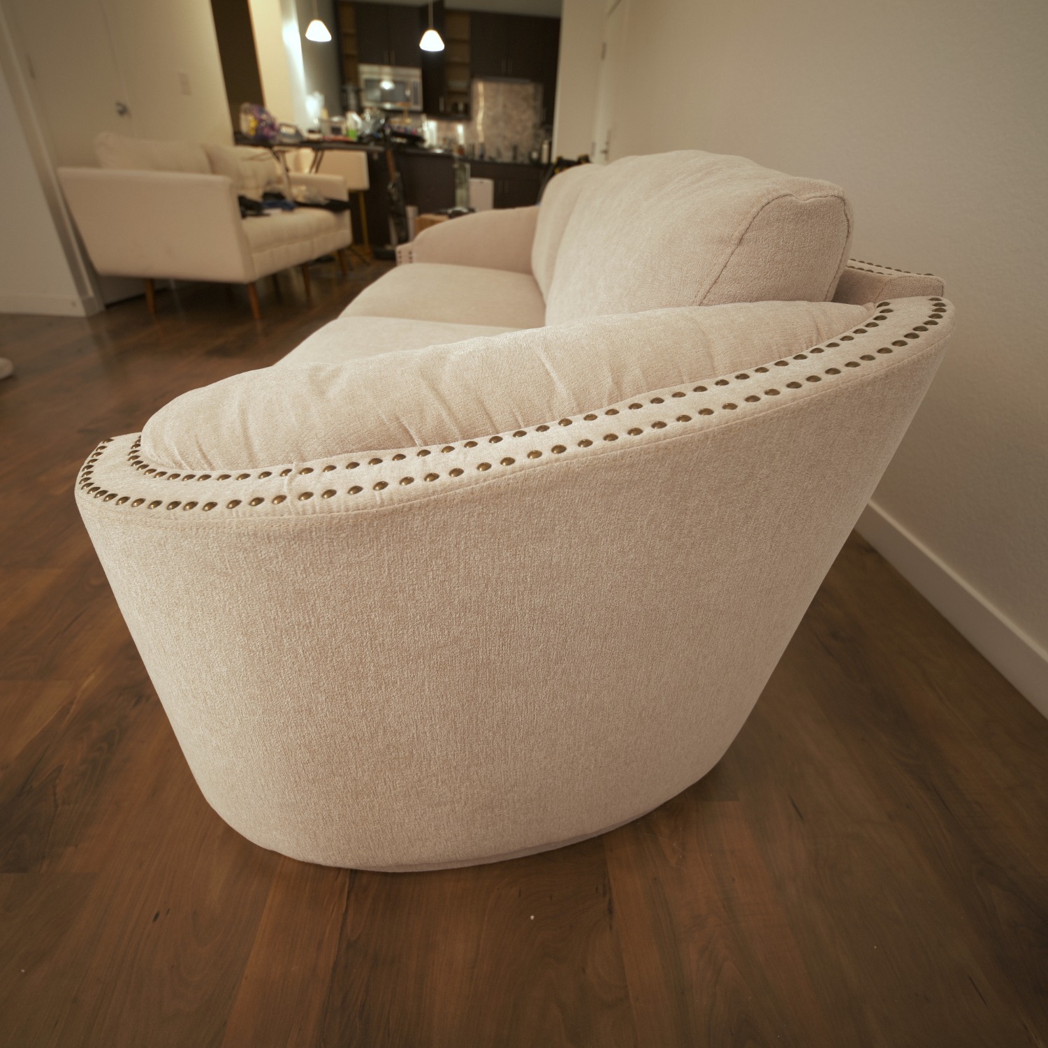Modern Curved 3-Seat Sofa Beige Upholstered - image-9