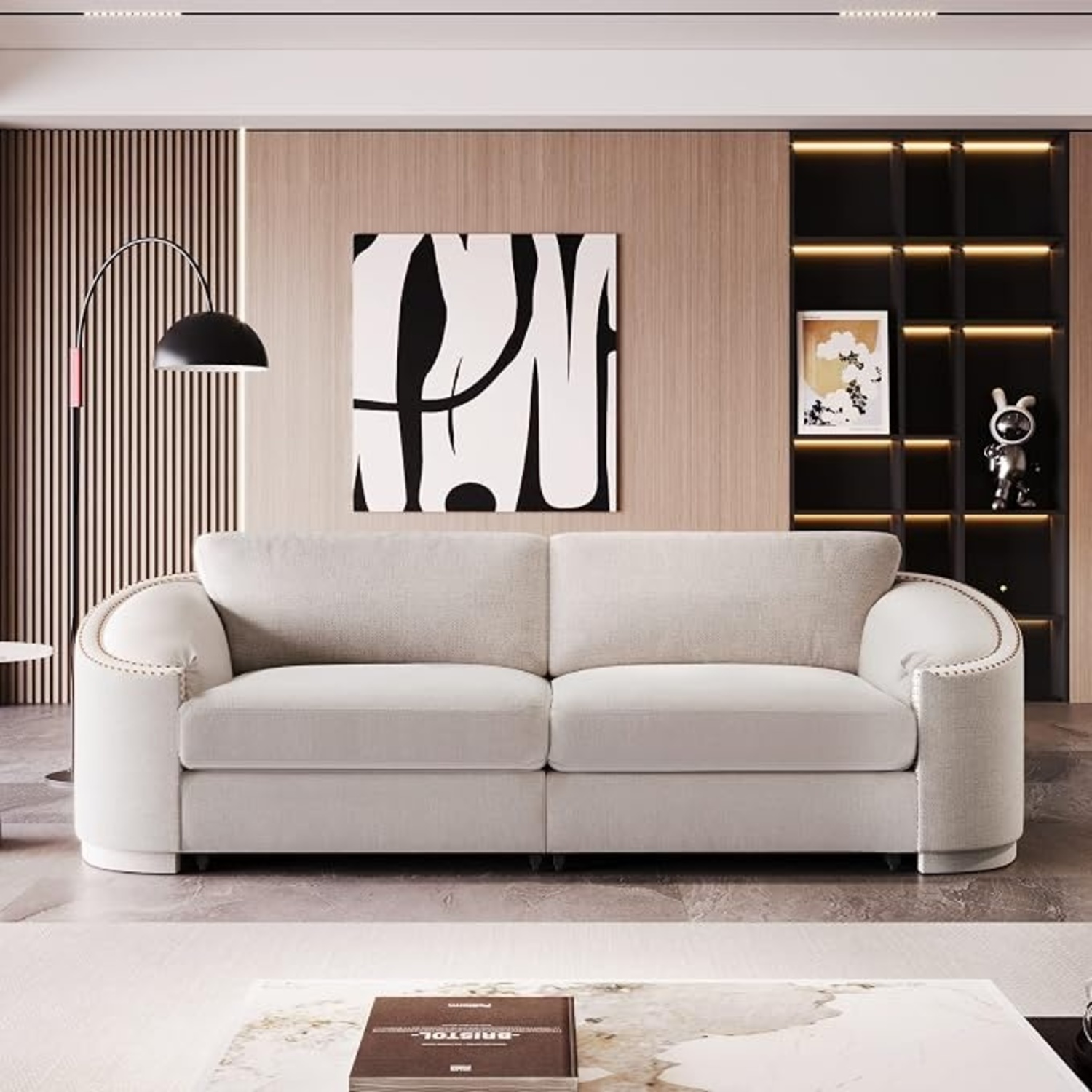 Modern Curved 3-Seat Sofa Beige Upholstered - image-11