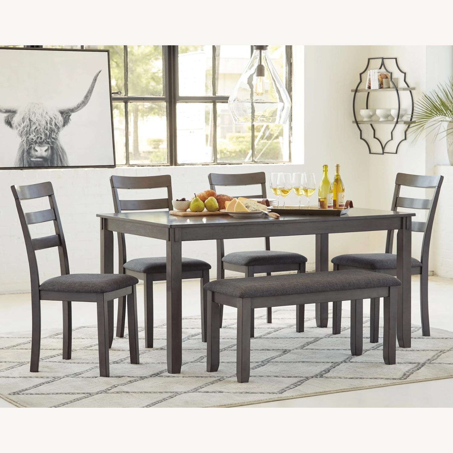 Ashley Signature Design Gray Wood 6 Person Dining Table Chairs and Bench - image-4