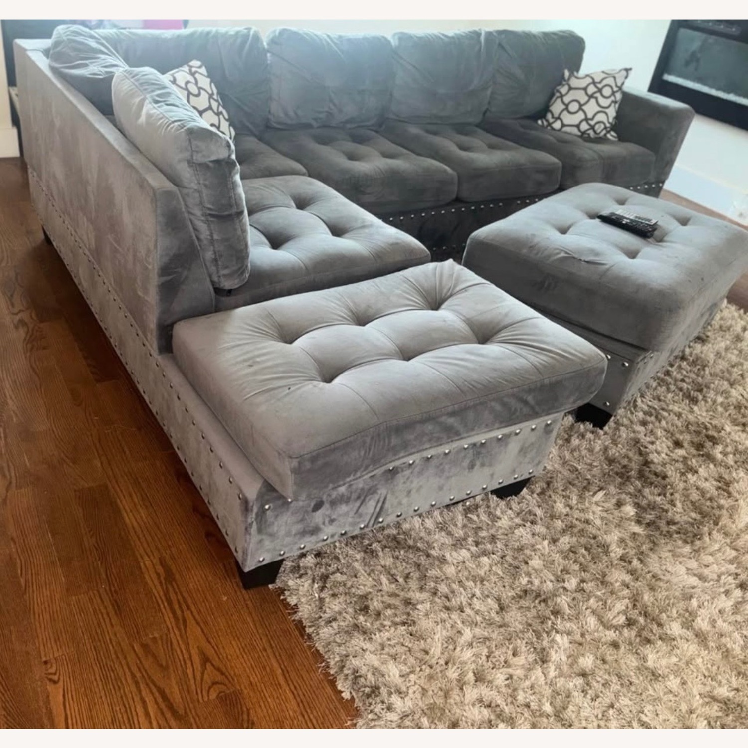Gray Suede Sectional Couch W/ Ottoman - image-3